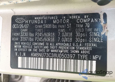 2008 Hyundai Veracruz Gls/Limited/Se from USA, damaged, VIN KM8NU73C38U050397